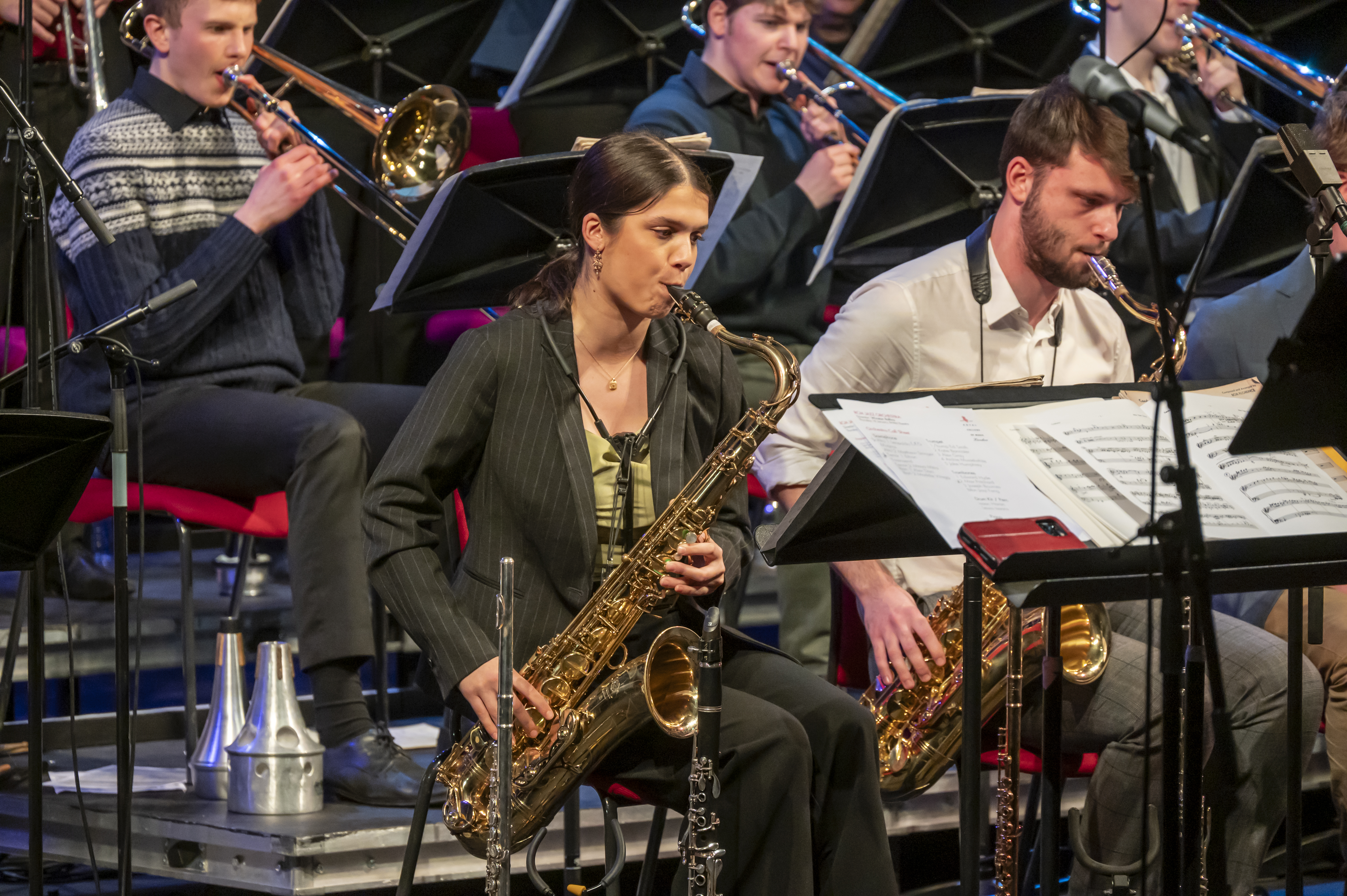 Jazz musicians performing on stage in the Britten Theatre