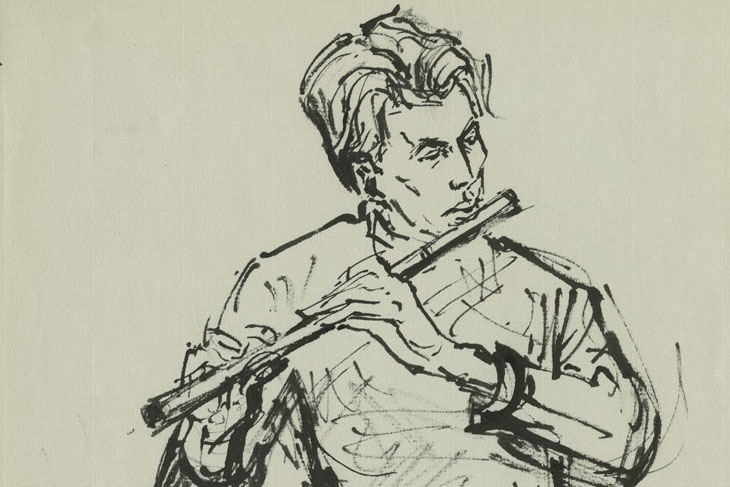 A drawing of a man playing the flute