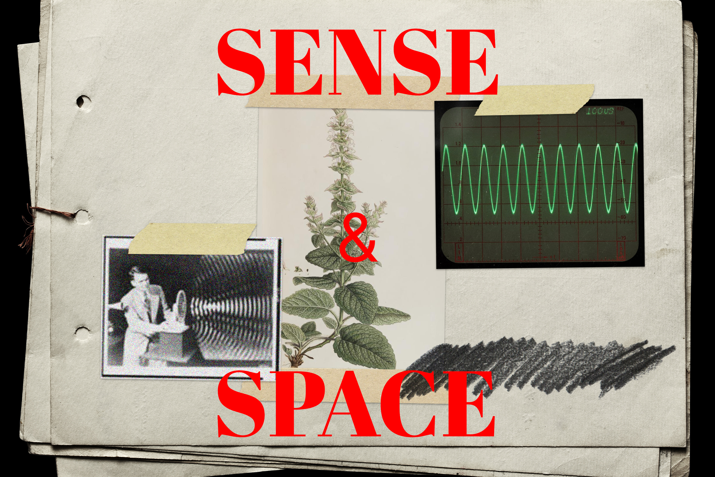 The words 'sense & space' written in red over an image of paper with various sketches and photos on it